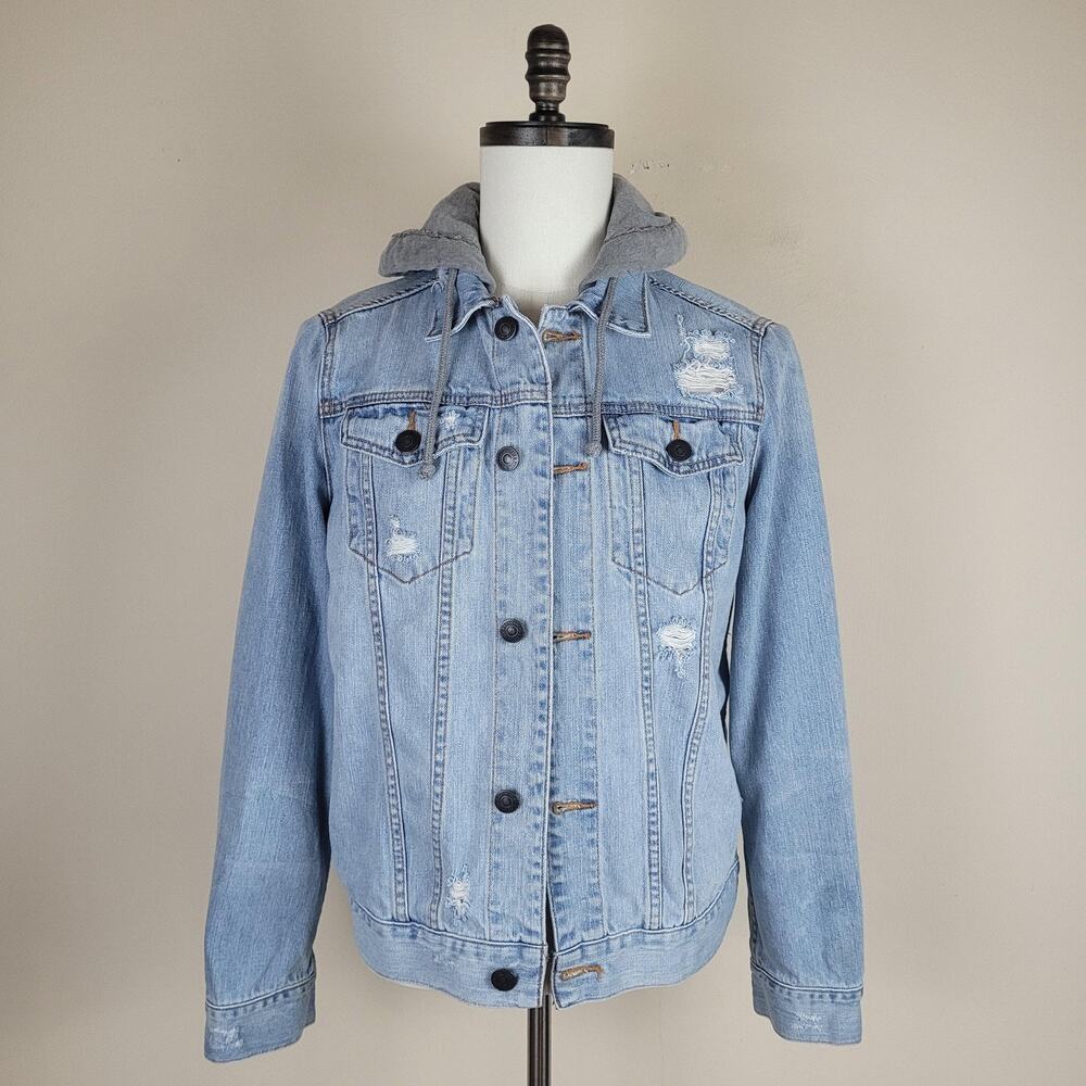 Abercrombie & Fitch Jacket Men Small Blue Denim Hooded Distressed Trucker Casual